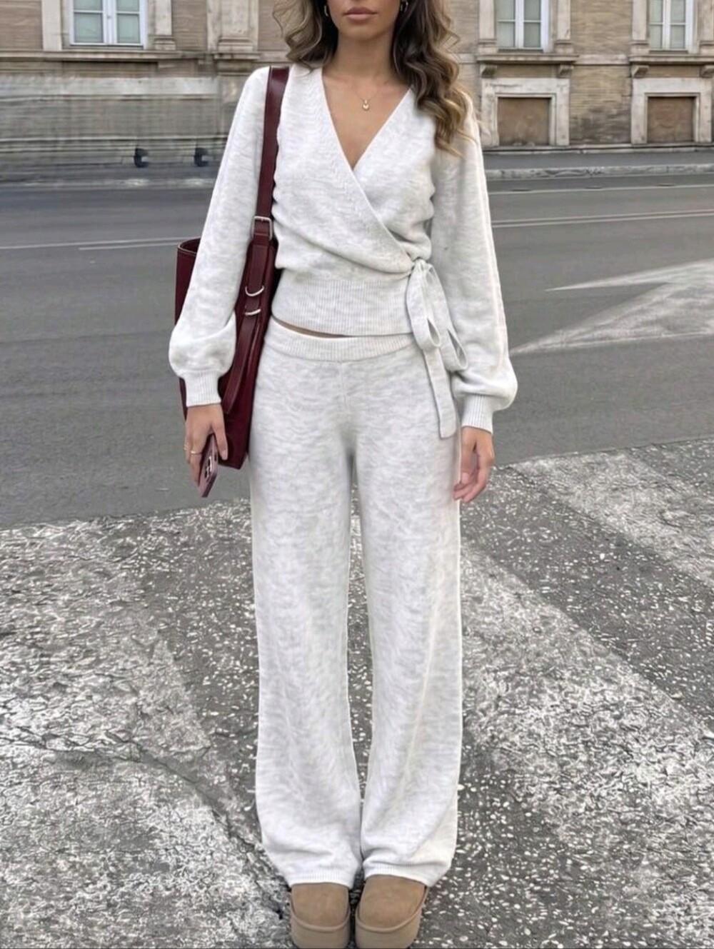 Women's Ribbed Knit Wrap Sweater And Wide Leg Pants Set, Fashionable